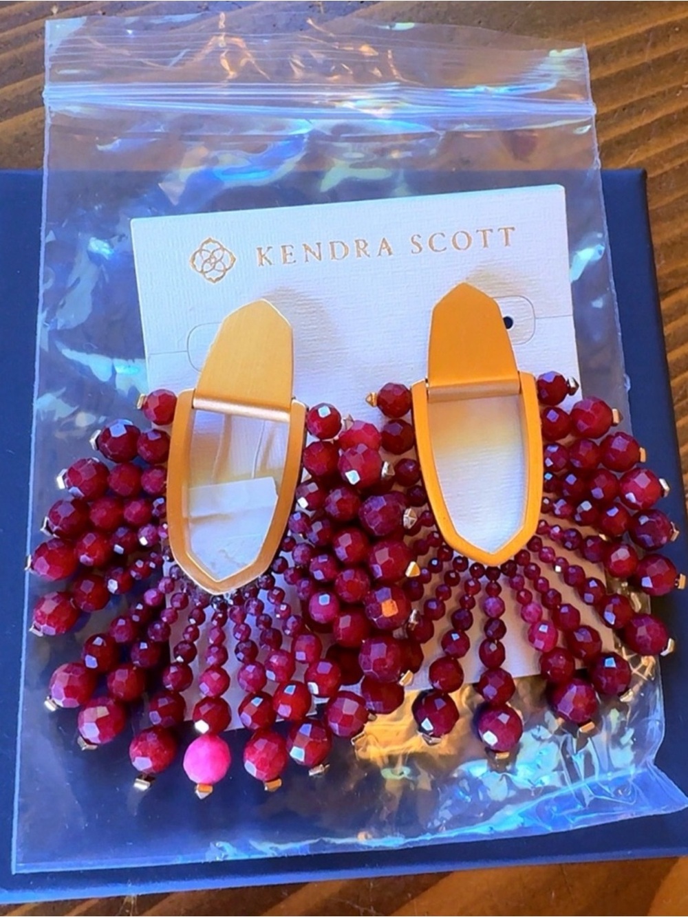 Kendra Scott Diane Statement Earrings Red Beaded Fringe Gold NWT $195